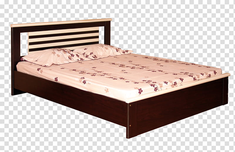 brown wooden bed frame with white and purple floral bed sheet set transparent background PNG clipart