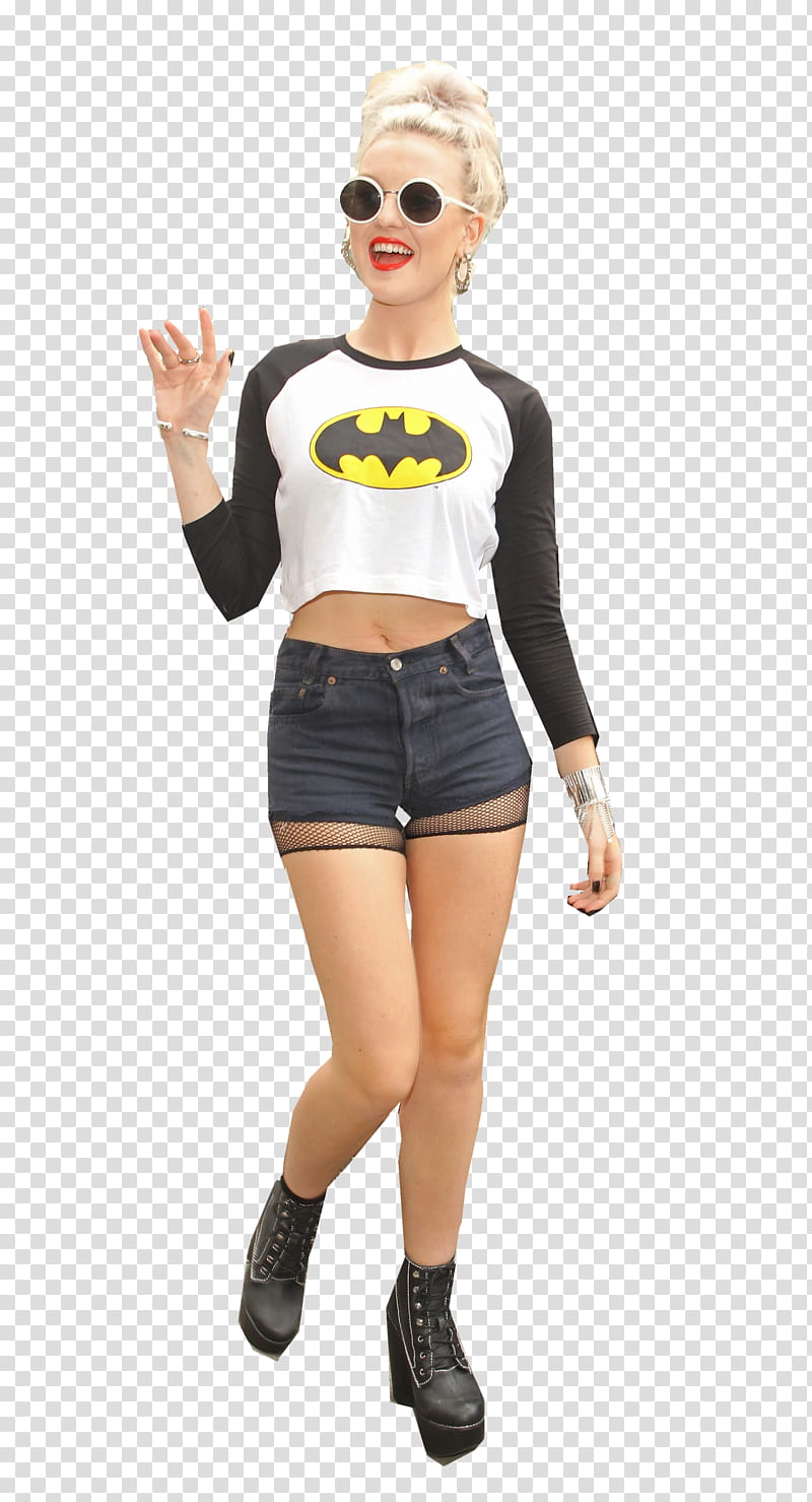 Perrie Edwards, woman wearing black and white batman print swewater transparent background PNG clipart