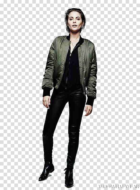 Willa Holland, standing woman wearing gray bomber jacket transparent background PNG clipart