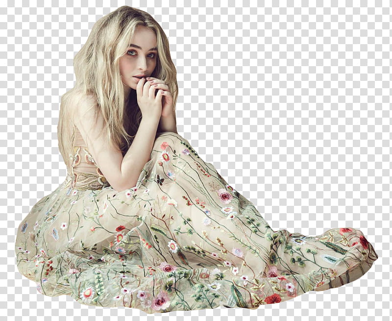 Sabrina Carpenter, woman wearing beige and green floral maxi dress transparent background PNG clipart