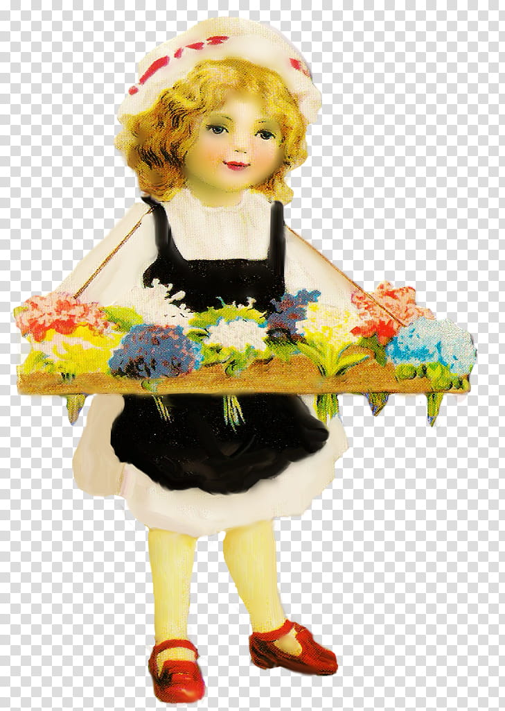 Vintage flower girl, girl wearing black apron transparent background PNG clipart