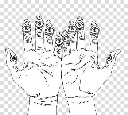 BLACK AND WHITE S, human hand with eyes illustration transparent background PNG clipart