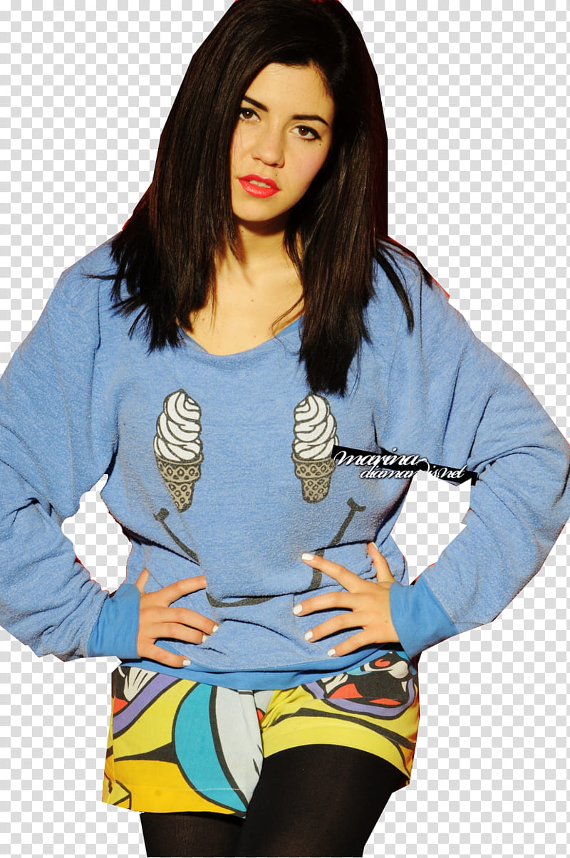 marina diamonds , woman wearing blue sweatshirt with hands akimbo transparent background PNG clipart