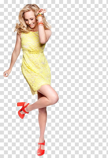 candice accola, woman wearing yellow sleeveless lace dress standing with one leg transparent background PNG clipart