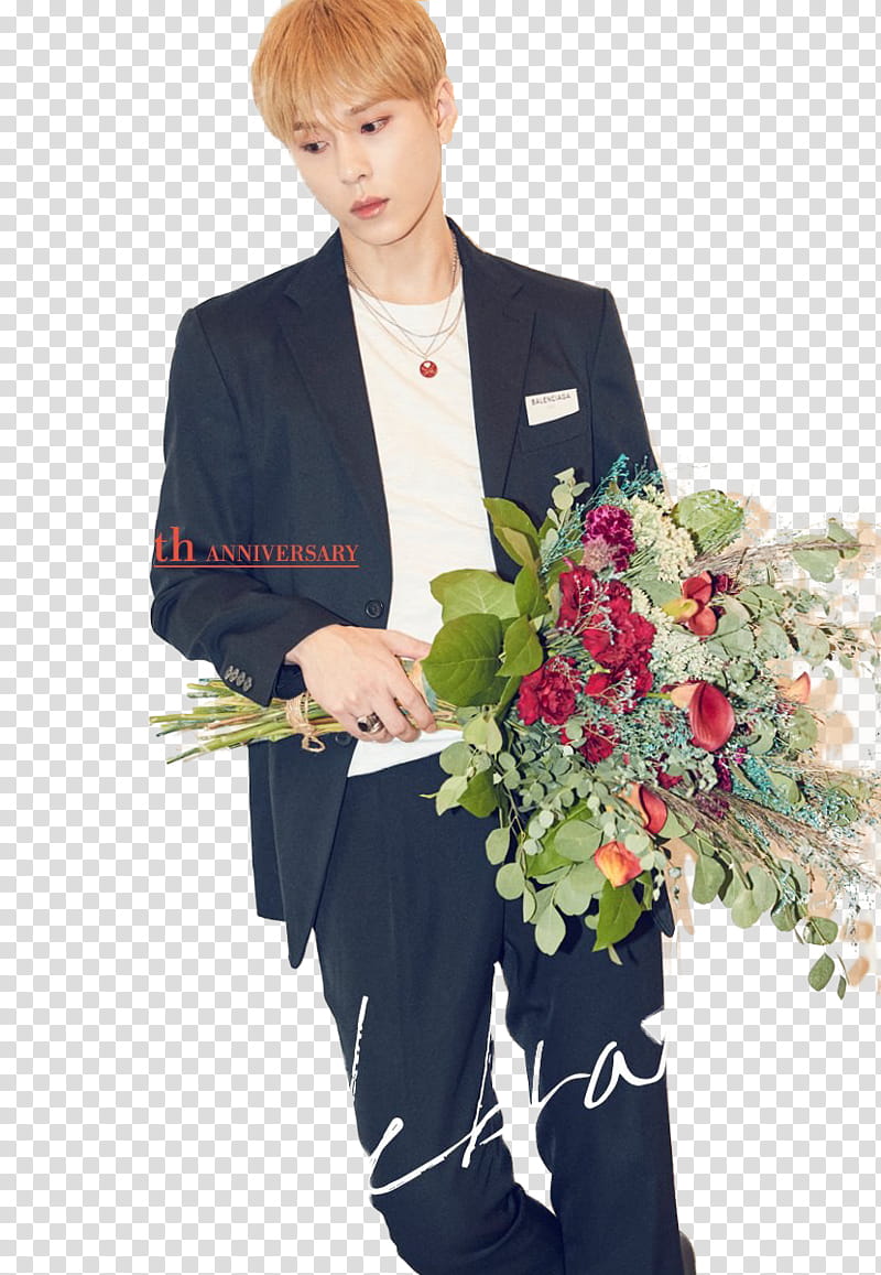 man wearing black suit jacket and pants holding flower bouquet transparent background PNG clipart