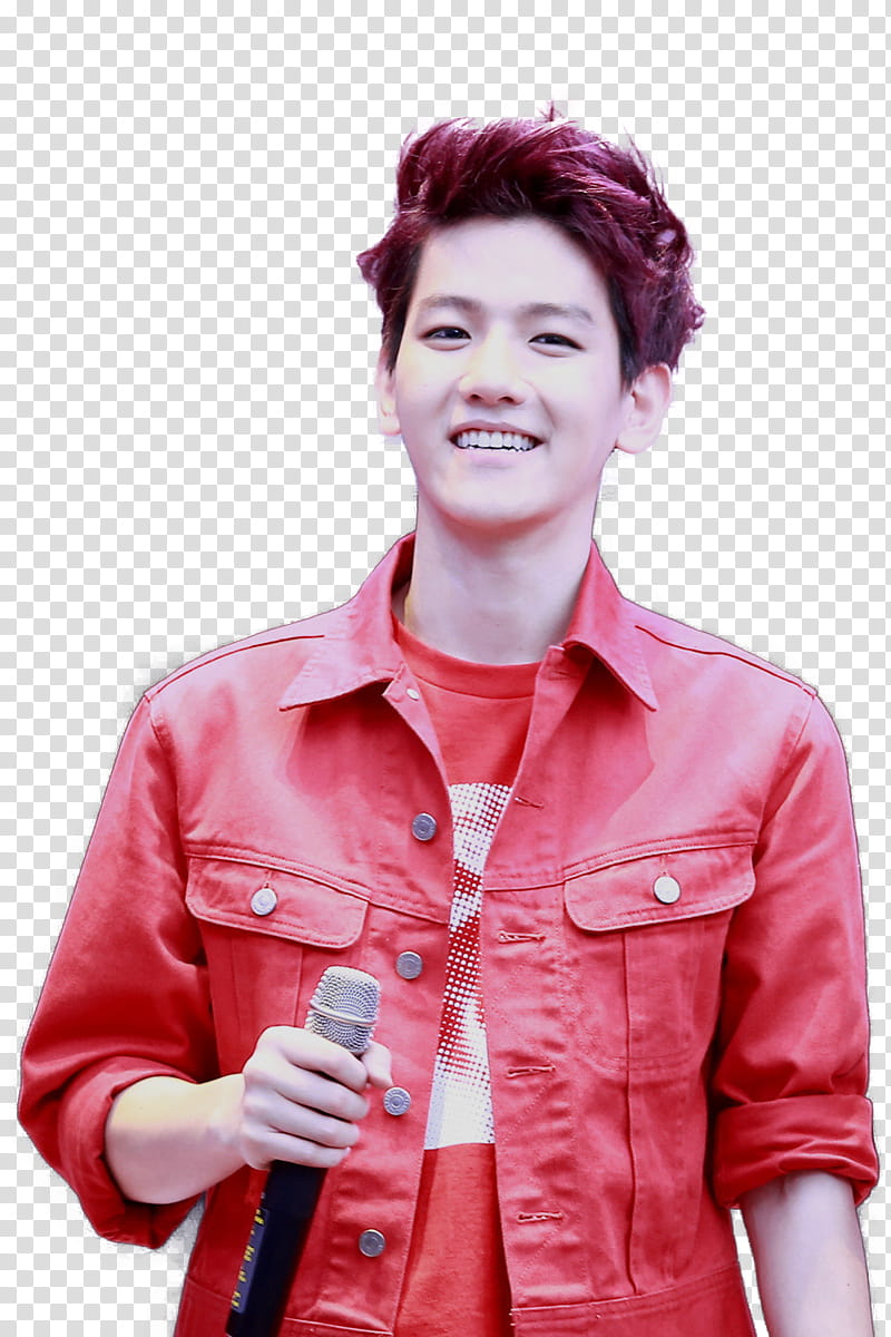 Baekhyun, man wearing red button-up jacket holding microphone while smiling transparent background PNG clipart