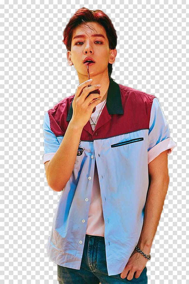 Baekhyun EXO The War Ko Ko Bop S, man standing wearing teal and red chambray shirt transparent background PNG clipart