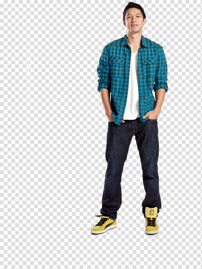 standing man wearing blue plaid shirt and blue denim jeans transparent background PNG clipart