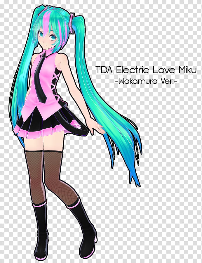 TDA Electric Love Miku,Wakamura Version, DL, animated woman with green hair in black and pink dress transparent background PNG clipart