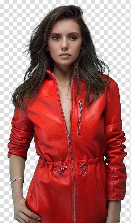 Nina Dobrev, women's red leather zip-up jacket transparent background PNG clipart