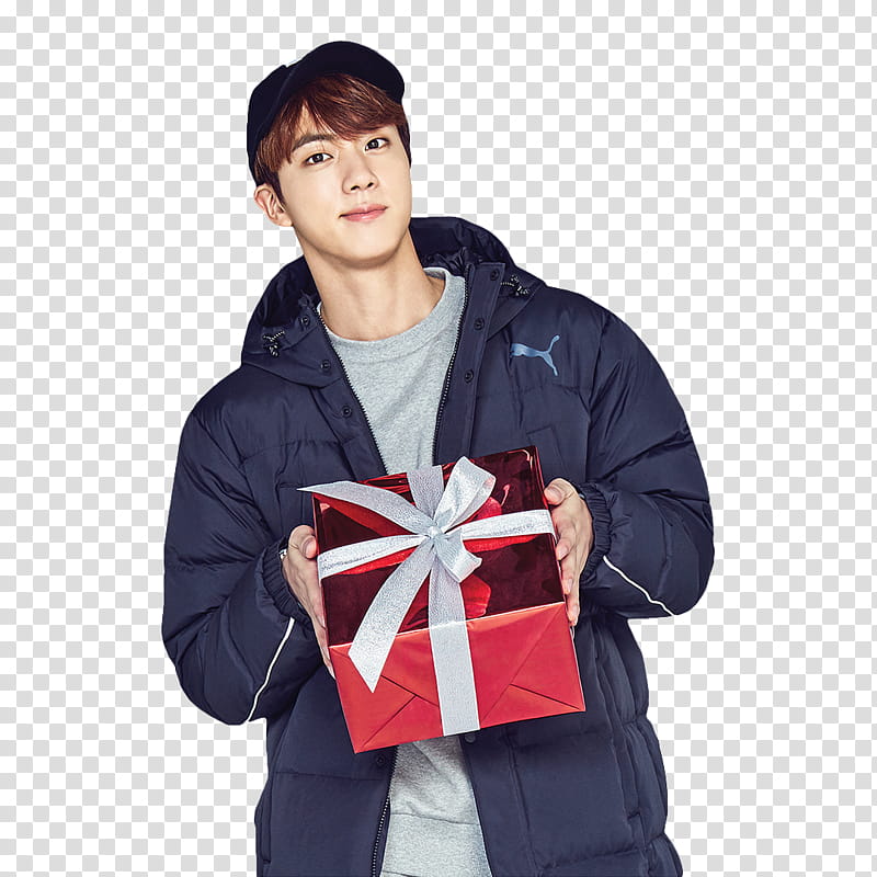 BTS PUMA KR, man holding red gift box wearing jacket transparent background PNG clipart