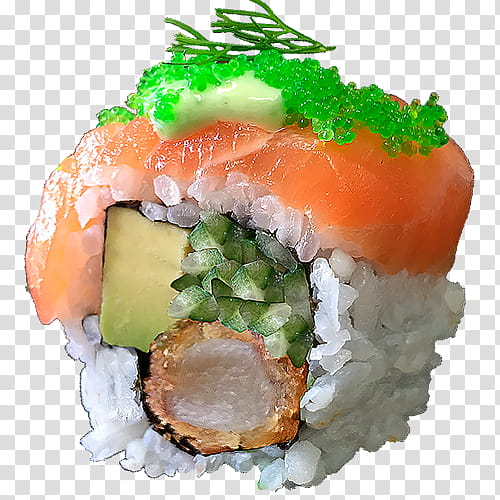 Sushi, California Roll, Tempura, Sashimi, Salmon, Crab Stick, Avocado, Tobiko transparent background PNG clipart