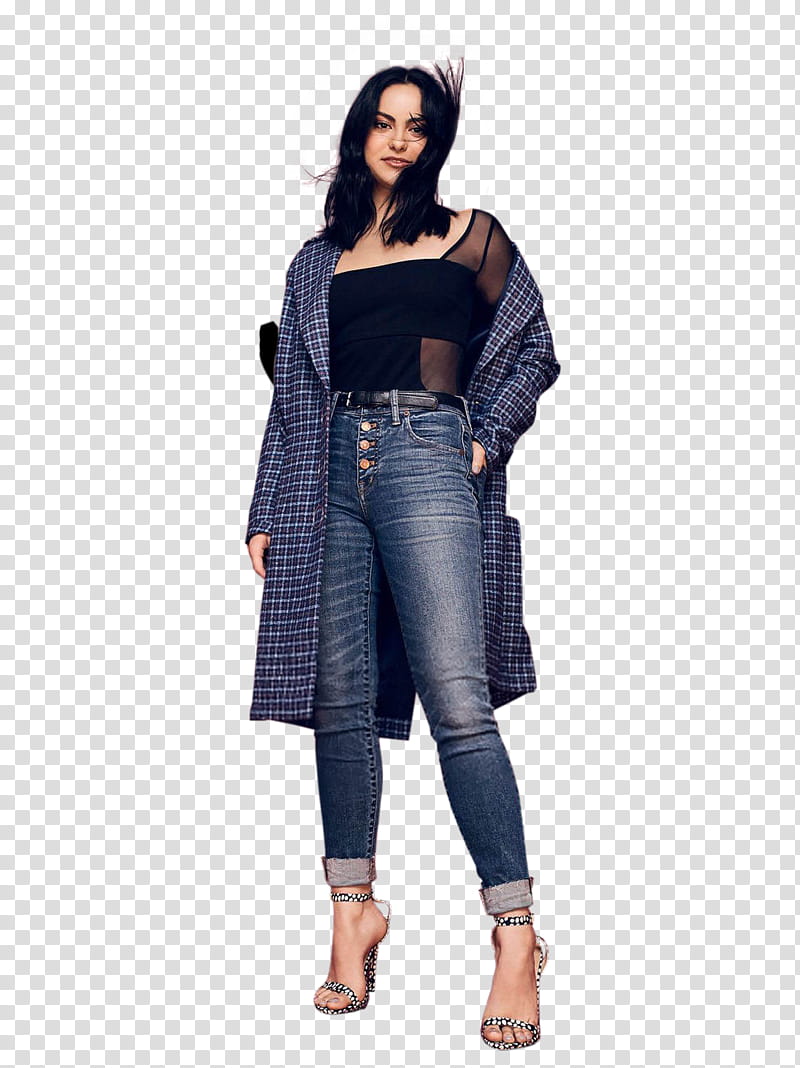 Camila Mendes, woman wearing blue checked sport shirt and blue denim jeans transparent background PNG clipart