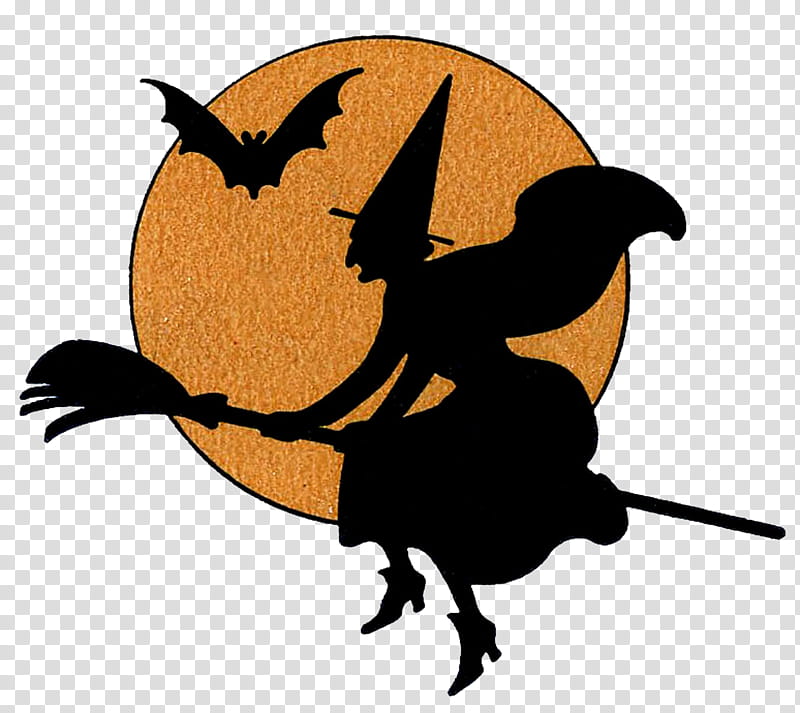 Recursos Halloween, black and orange flying witch on broom and moon illustration transparent background PNG clipart