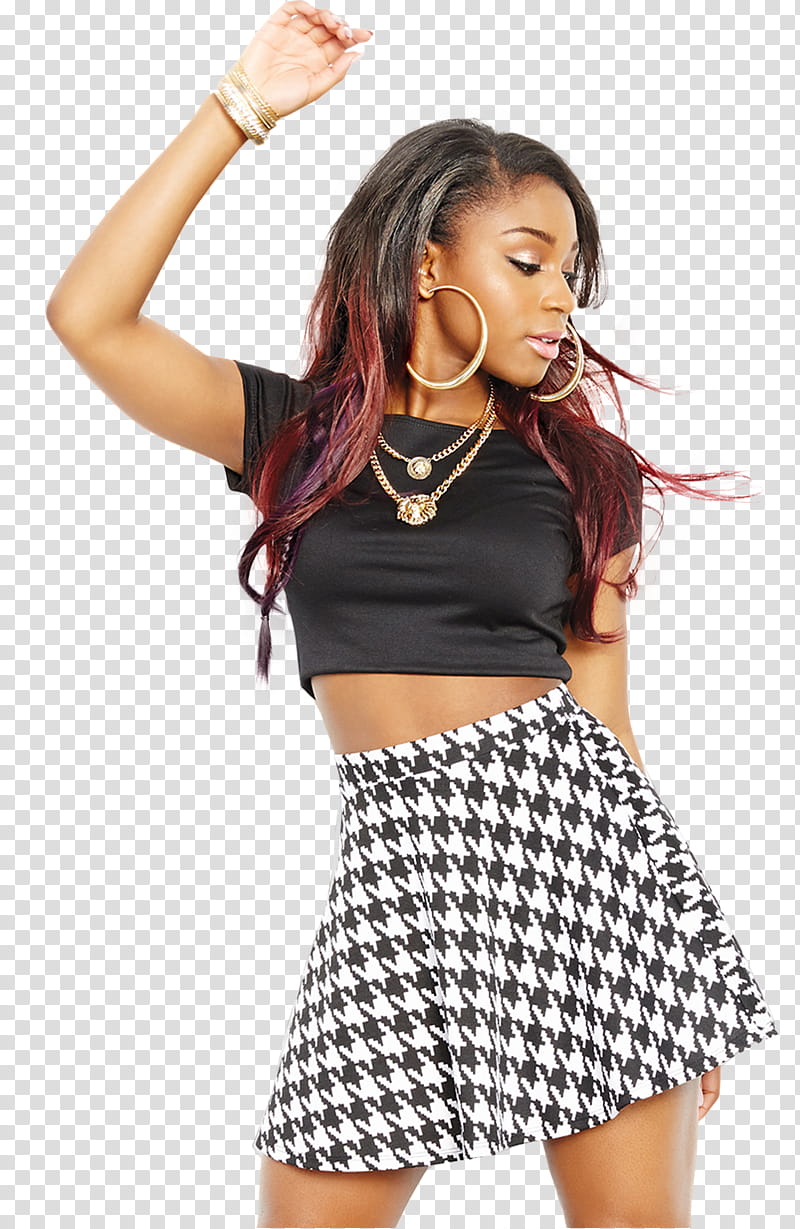 Fifth Harmony Stupid S, woman in black crop top and black and white houndstooth miniskirt transparent background PNG clipart