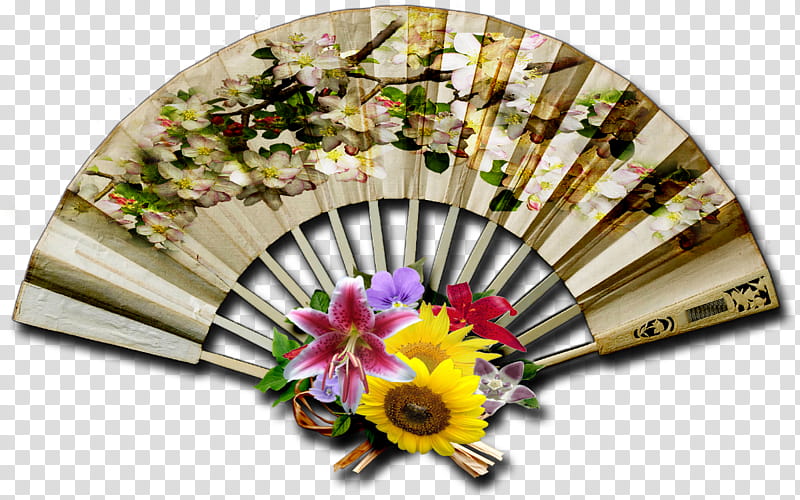 Vintage decorative fan , multicolored floral hand fan transparent background PNG clipart