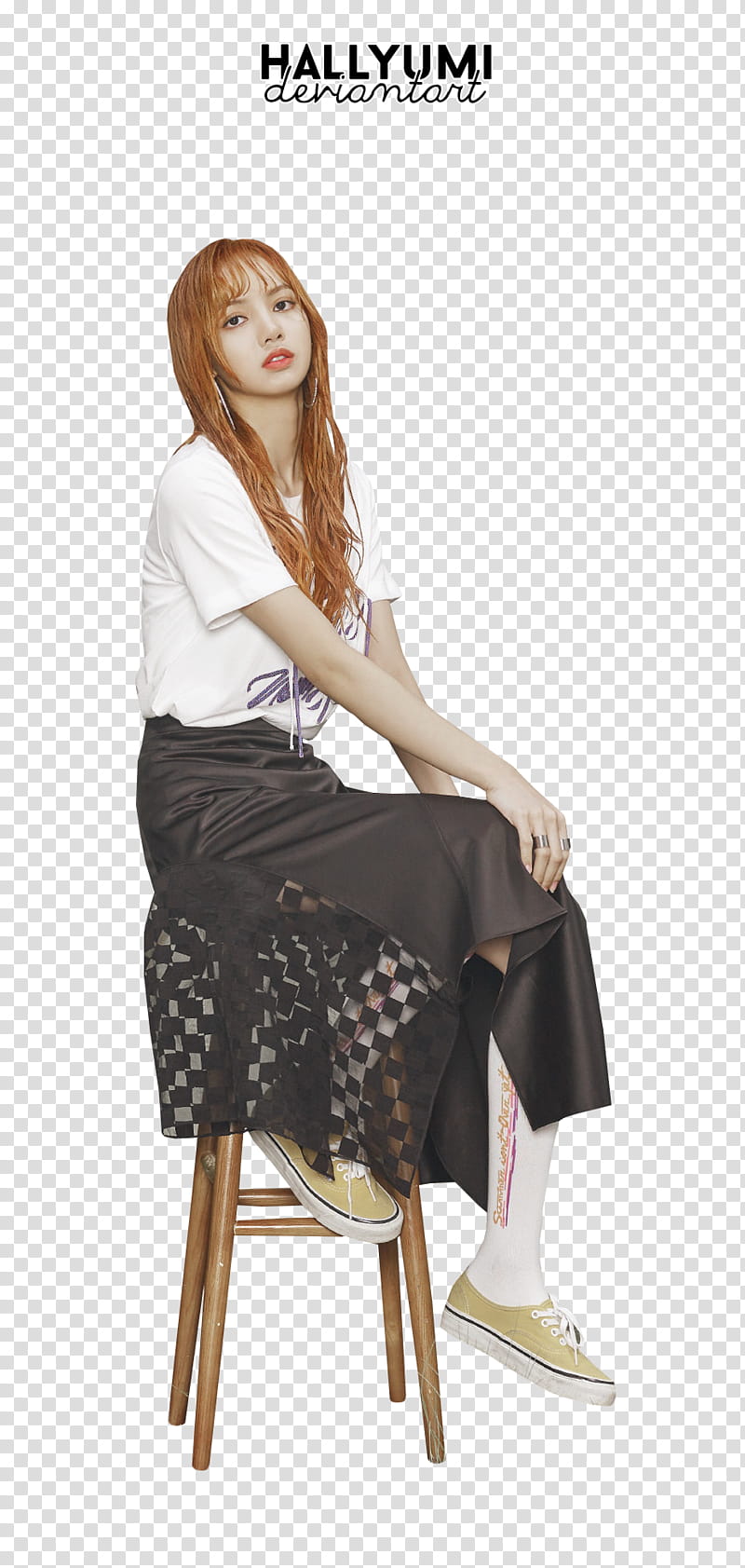 Lisa, woman sitting on brown wooden stool chair transparent background PNG clipart