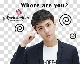 EXO LINE Stickers, man in black long-sleeved shirt with where are you? text overlay illustration transparent background PNG clipart
