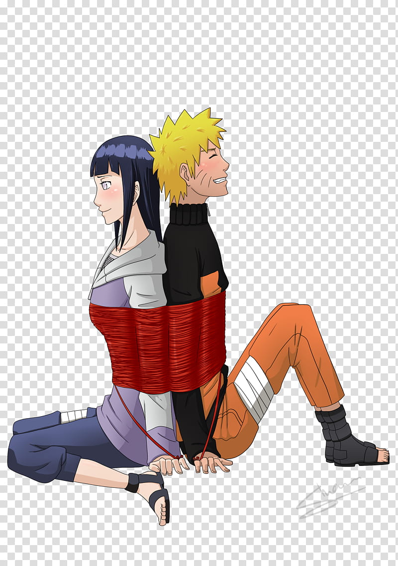 Bound, Hinata Hyuga and Uzumaki Naruto sitting back to back tied together with red rope illustration transparent background PNG clipart