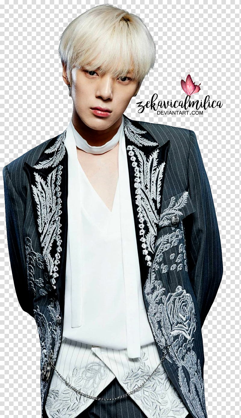 Monsta X Heroes Of Remix, man in white V-neck top wearing white and black floral coat transparent background PNG clipart