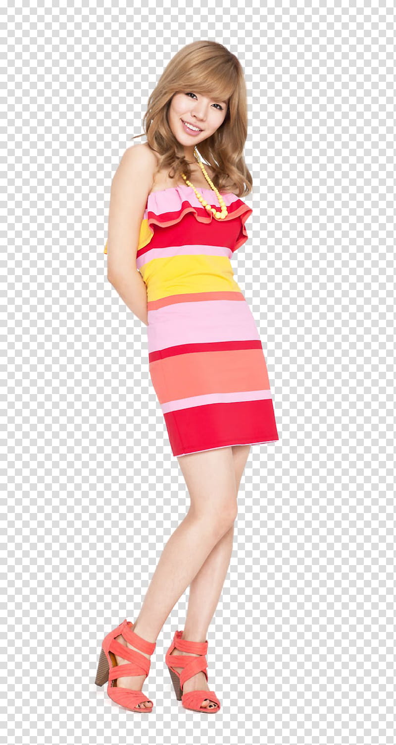 Sunny SNSD render, smiling and standing Girls Generation Sunny wearing multicolored striped dress hands on back transparent background PNG clipart