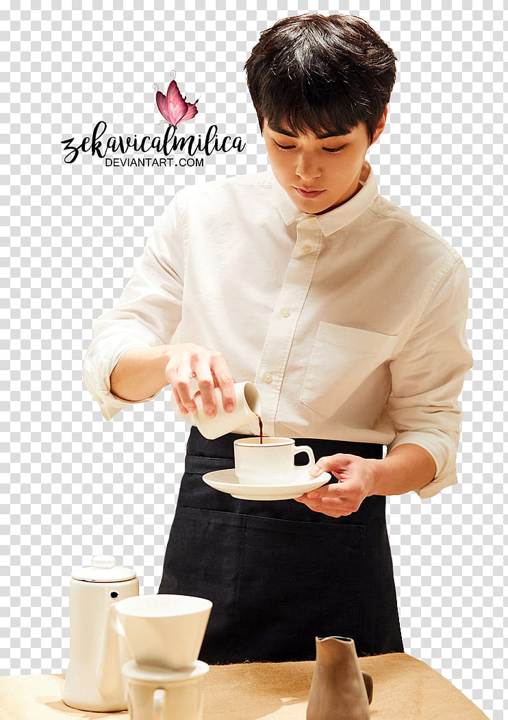 EXO Universe, man holding tea cup with text overlay transparent background PNG clipart