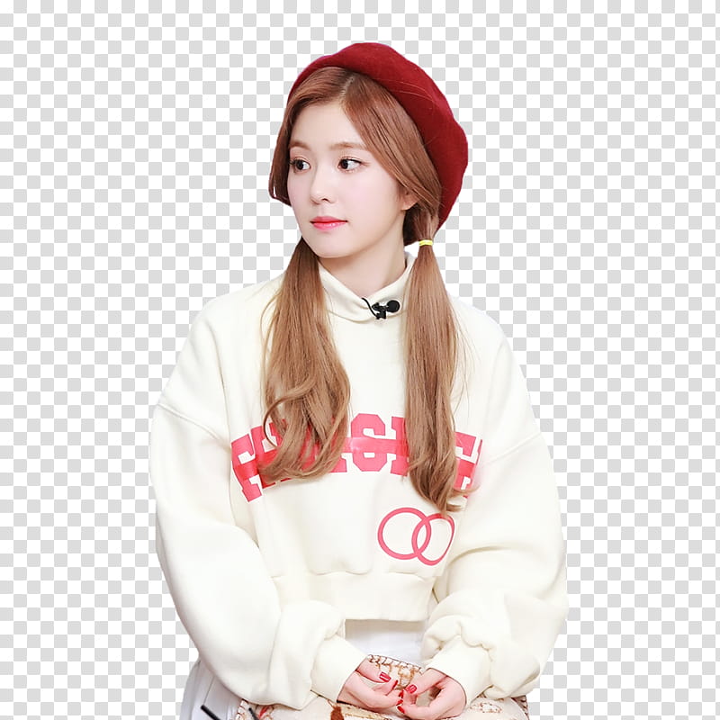 Irene Red Velvet, woman wearing white pullover hoodie and red hat sitting transparent background PNG clipart