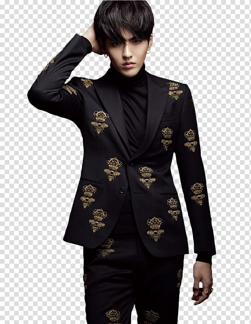 KRIS EXO, man in black and gold floral suit transparent background PNG clipart