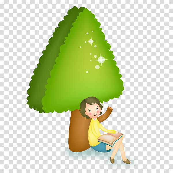 Green Leaf, Cartoon, Girl, Tree, Painting, Drawing, Child, Reading transparent background PNG clipart