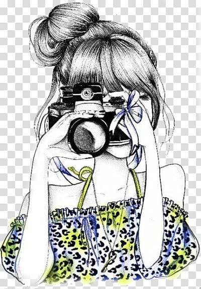 Monitas Lindas, girl holding camera sketch transparent background PNG clipart