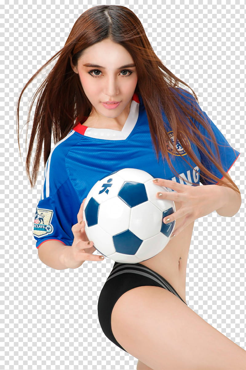 woman wearing blue and white Samsung jersey shirt holding white soccer ball transparent background PNG clipart