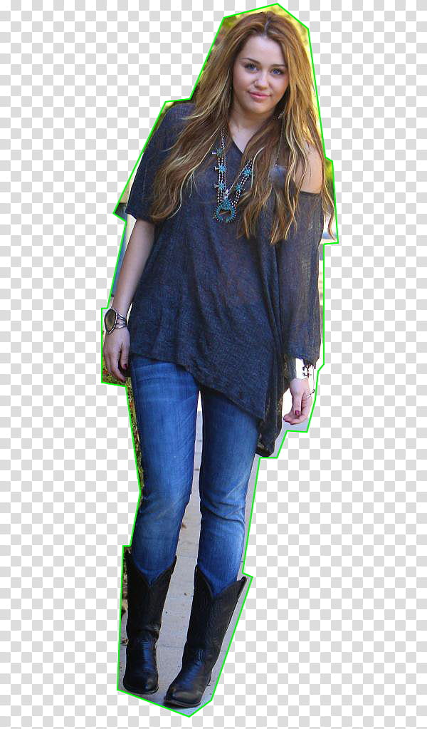 Miley Cyrus, Miley Cyrus wearing black long sleeved shirt with blue denim jeans and boots transparent background PNG clipart