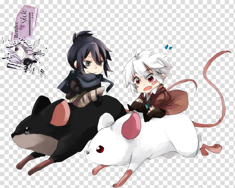Renders Anime Chibi, two black and white haired animated characters riding on black and and white rats transparent background PNG clipart