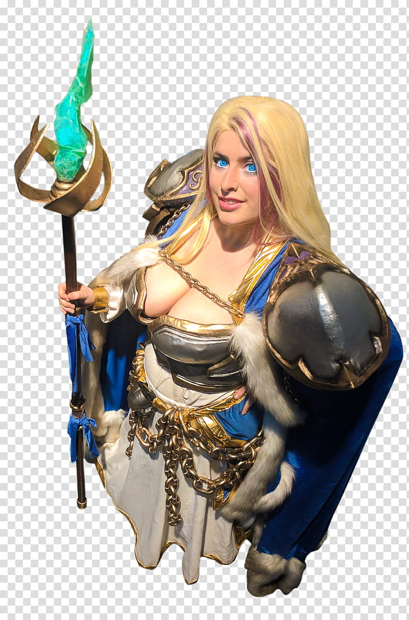 Jaina Proudmoore Cosplay Blizzcon  Cut Out, woman in gray and white dress holding wand transparent background PNG clipart