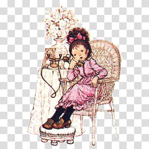 various set II, girl talking on rotary phone while sitting on chair transparent background PNG clipart