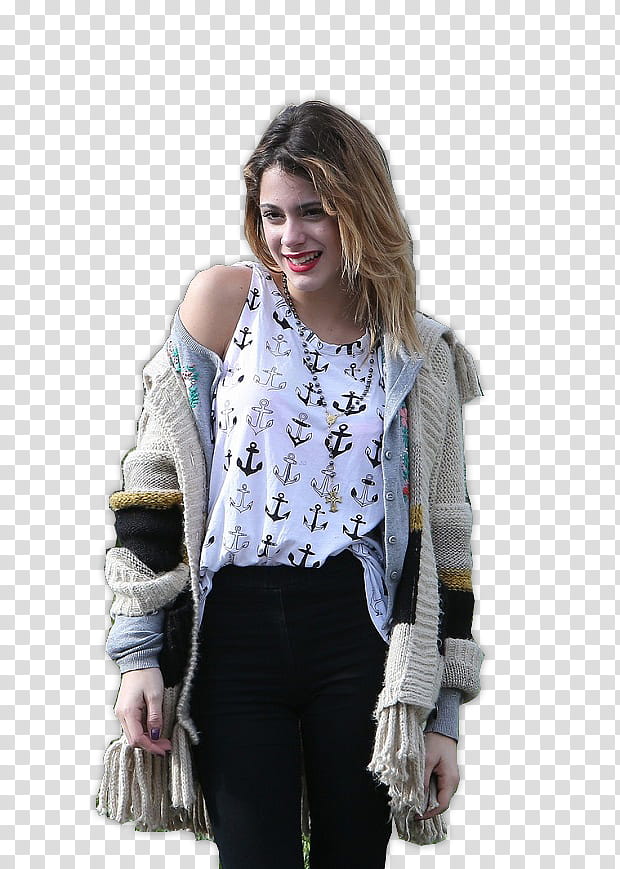 Martina Stoessel, woman wearing cardigan, tank top, and fitted jeans transparent background PNG clipart