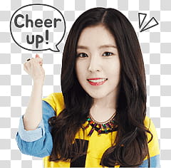 Red Velvet irene kakao talk emoji, woman black haired wearing yellow top transparent background PNG clipart