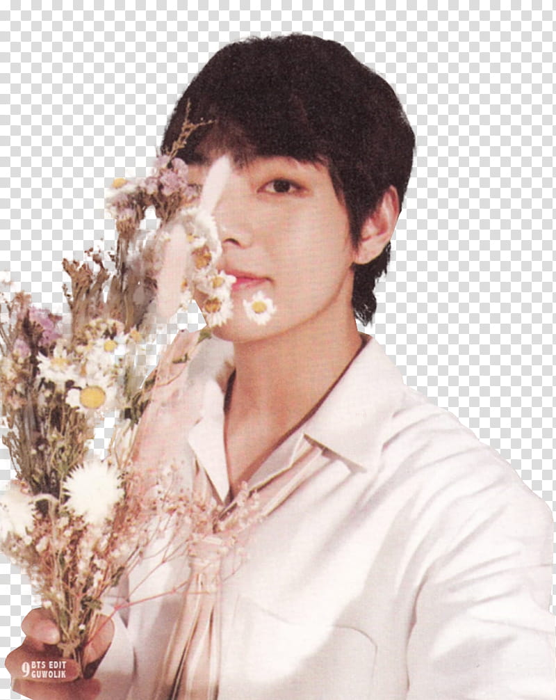 BTS Taekook wearing white collared button-up long-sleeved shirt and holding flower bouquet transparent background PNG clipart