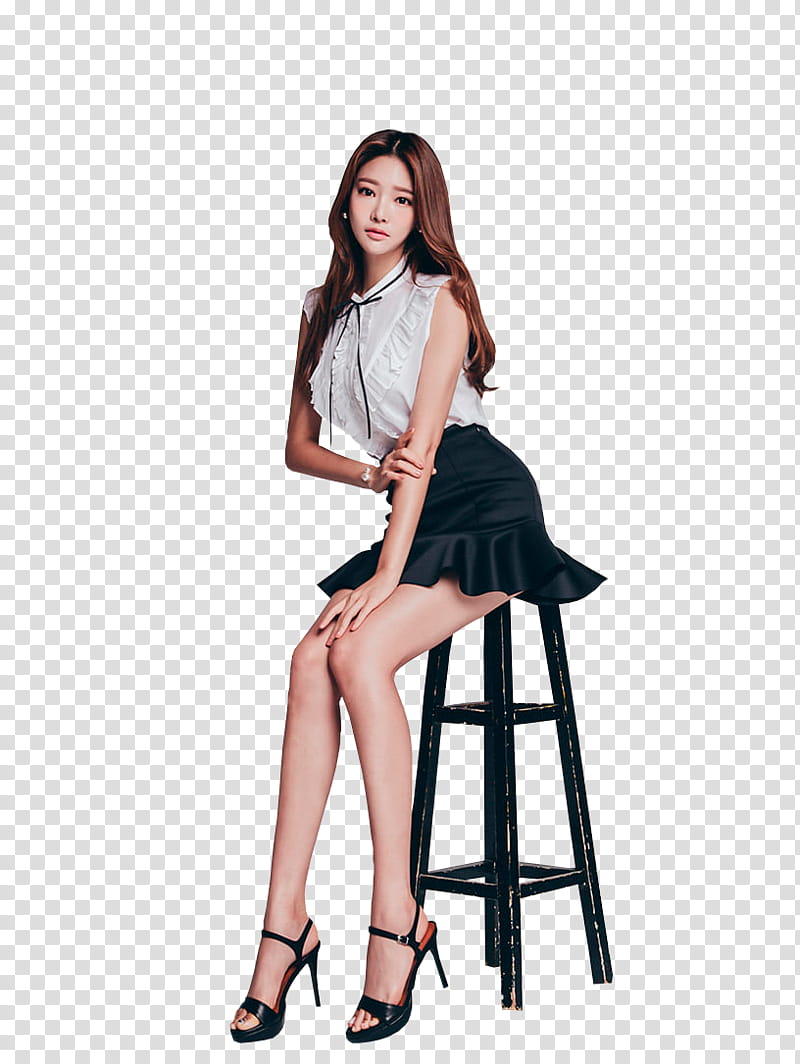 PARK JUNG YOON, woman in white top and black skirt sitting on a black bar stool chair transparent background PNG clipart