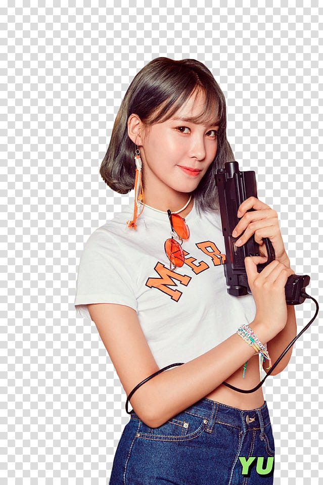 PRISTIN Time Table, woman wearing white crop-top shirt holding black arcade gun art transparent background PNG clipart