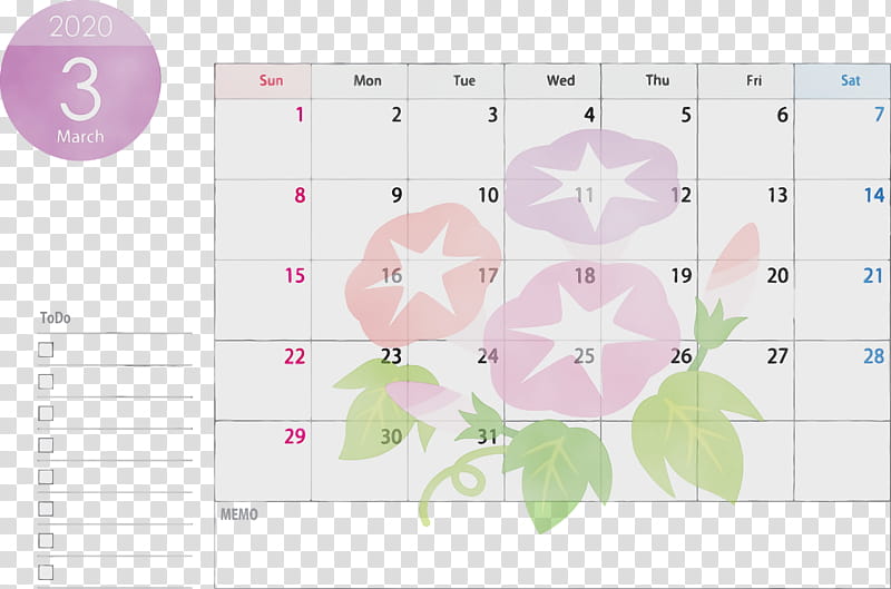 text pink line petal plant, March 2020 Calendar, March 2020 Printable Calendar, Watercolor, Paint, Wet Ink transparent background PNG clipart