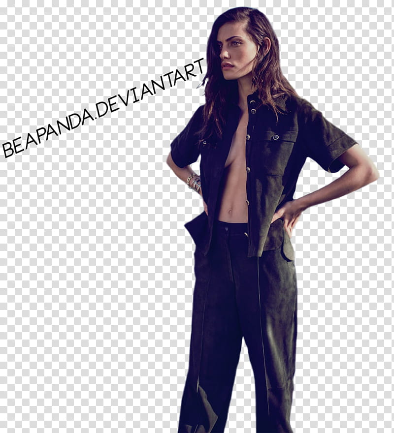 Phoebe Tonkin, woman wearing black button-up shirt and black pants while standing transparent background PNG clipart