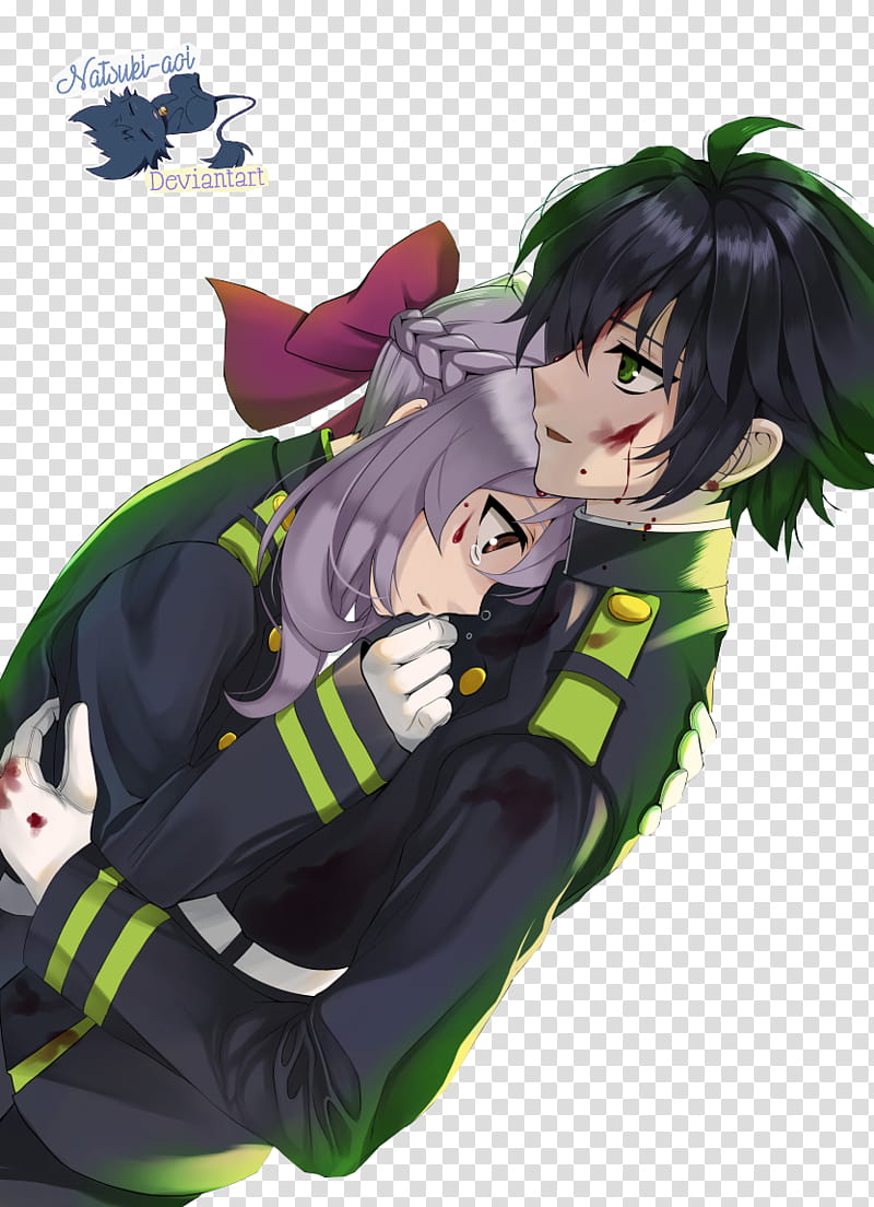 Shinoa y Yuu Owari No Seraph, male and female anime character hugging transparent background PNG clipart