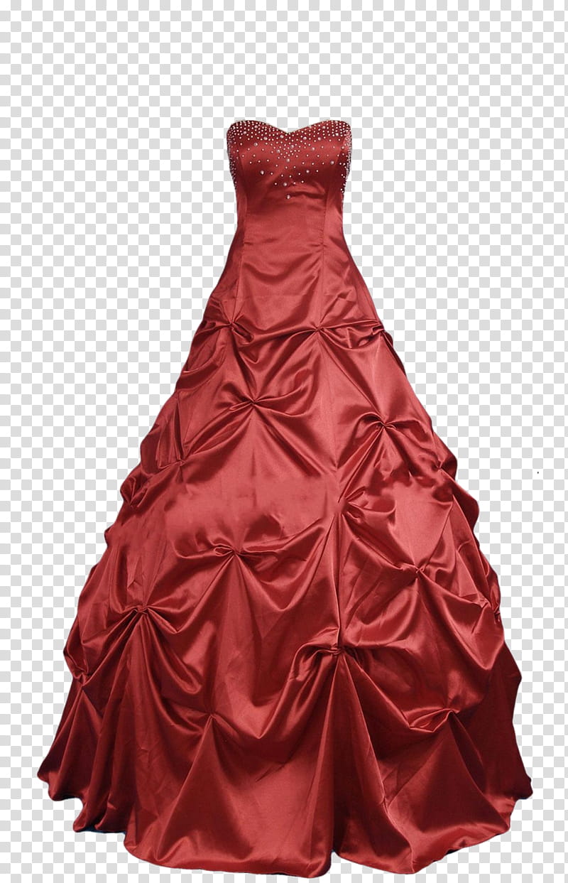 Burgundy Red Ball Gown, women's red ruffled strapless dress transparent background PNG clipart