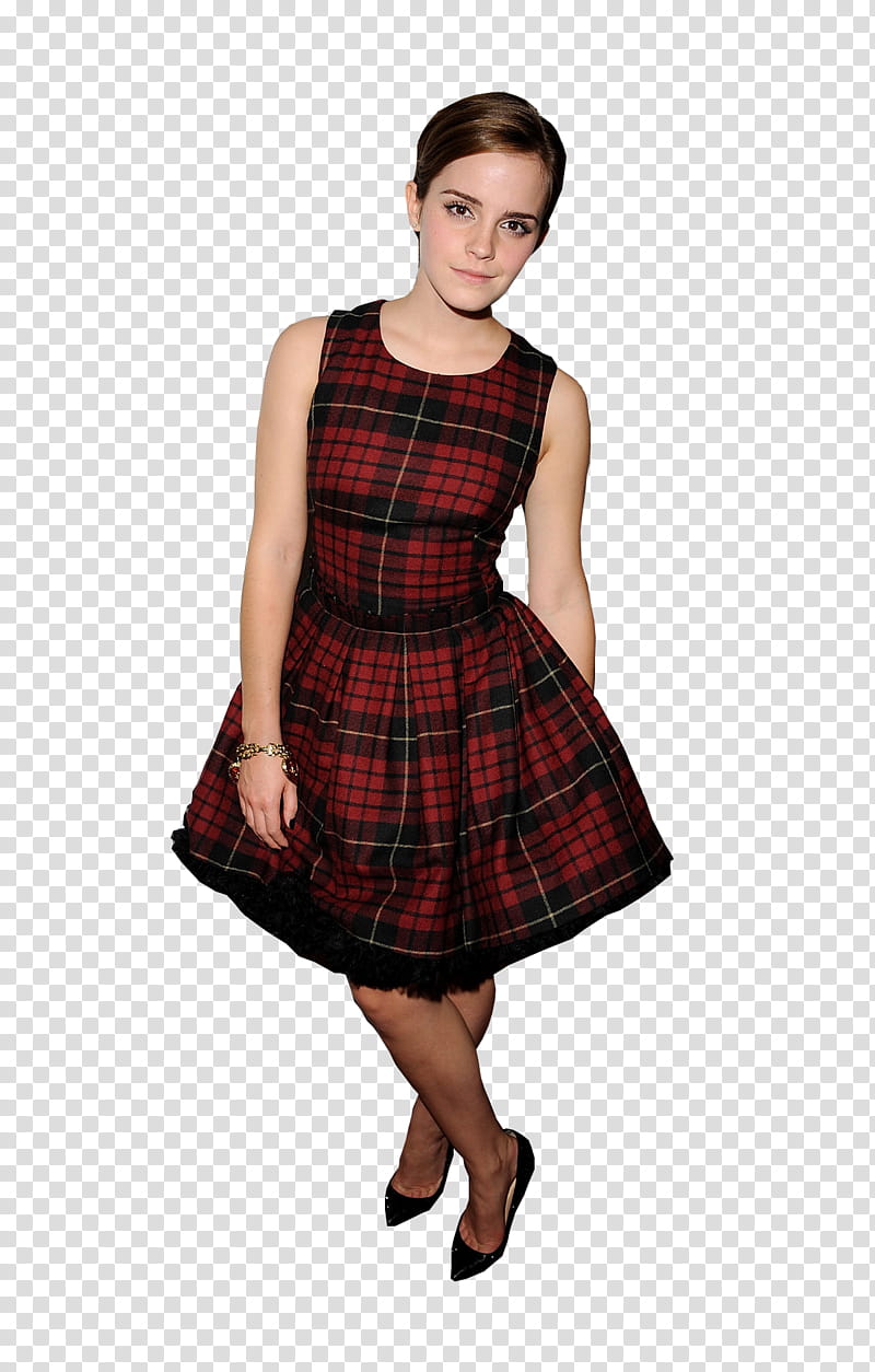 Emma Watson, woman in red and black tattersall tank dress transparent background PNG clipart