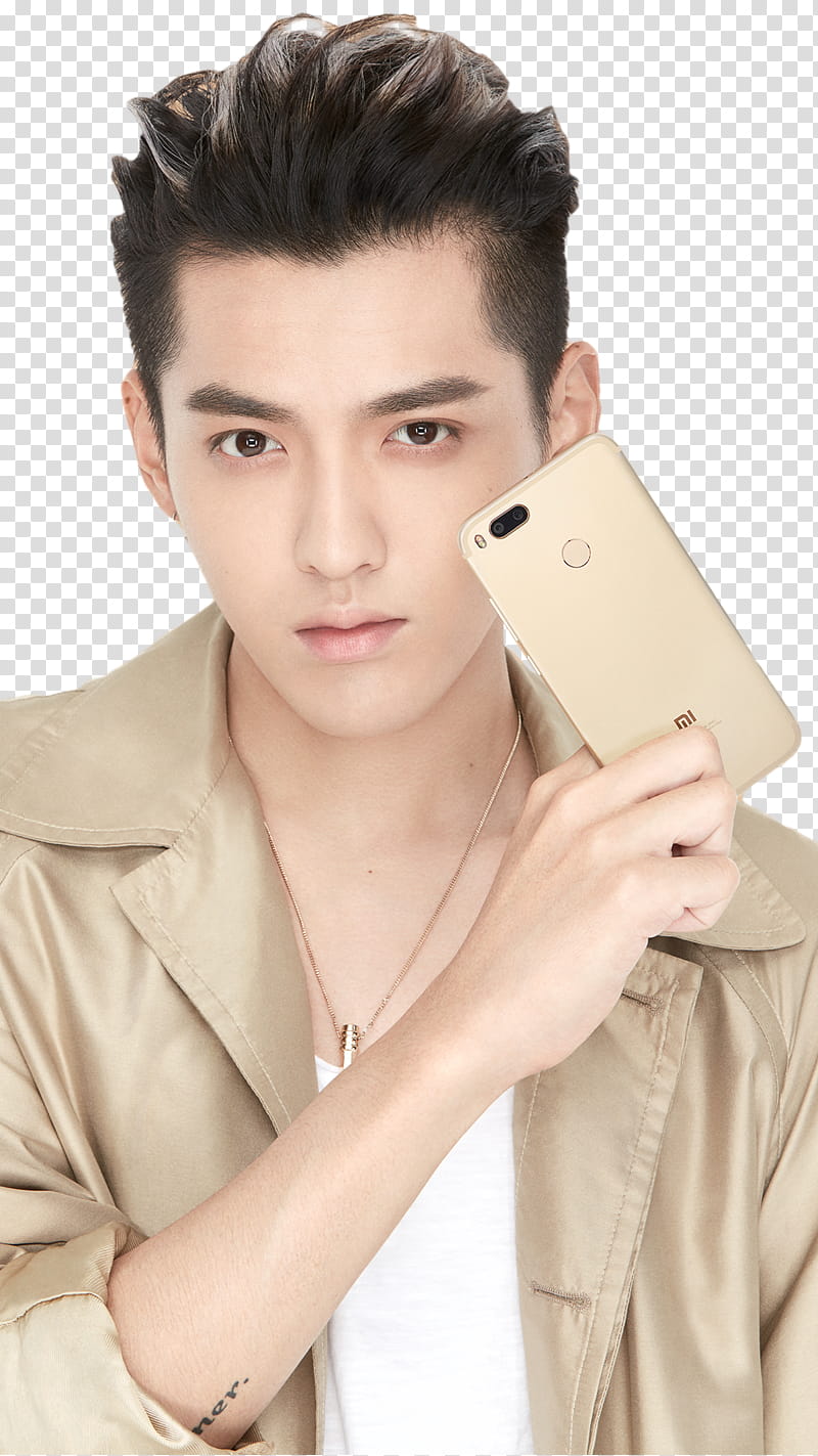 Kris Wu XiaoMi, man holding gold Android smartphone transparent background PNG clipart