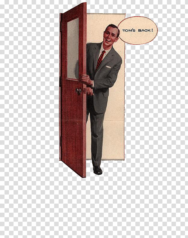 Retro ad cutout , man standing and smiling on opened door illustration transparent background PNG clipart
