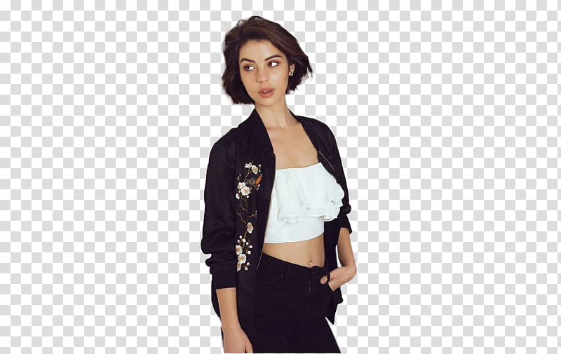 Adelaide Kane, woman in white crop-top and black cardigan standing transparent background PNG clipart