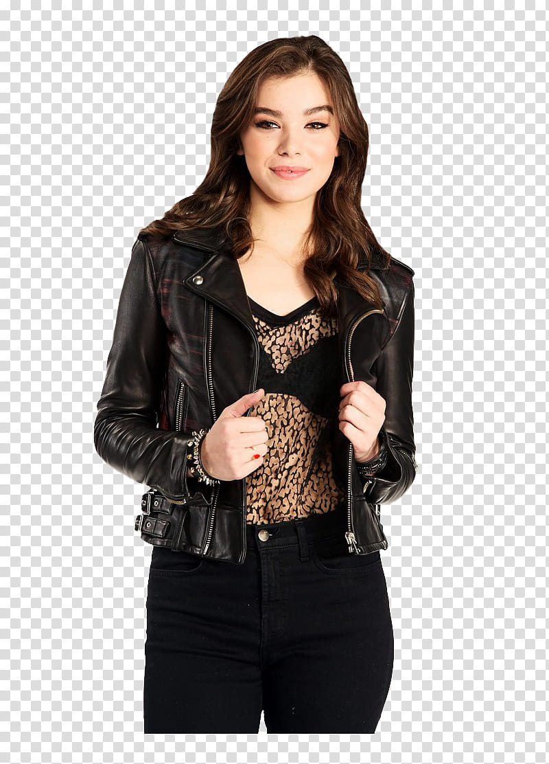 Hailee Steinfeld, woman wearing black leather zip-up jacket transparent background PNG clipart