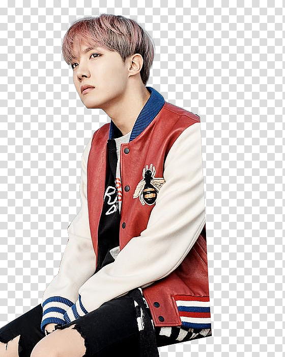 BTS You Never Walk Alone Solo, man in red and white Gucci Bee letterman jacket transparent background PNG clipart